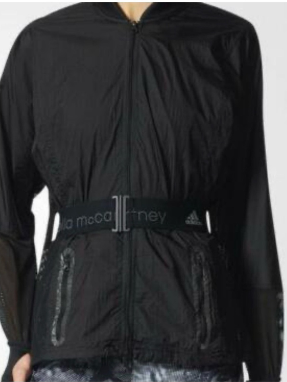 Stella McCartney Black Zip-Front Utility Jacket. Missing elastic belt